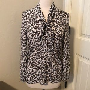 White & Black Floral Tie-Neck Top